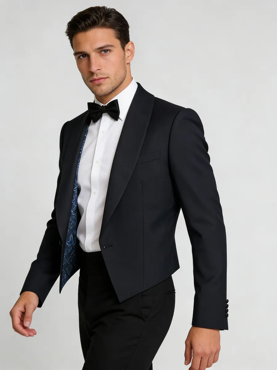 Black peak lapel tuxedo jacket compared to a classic black suit
