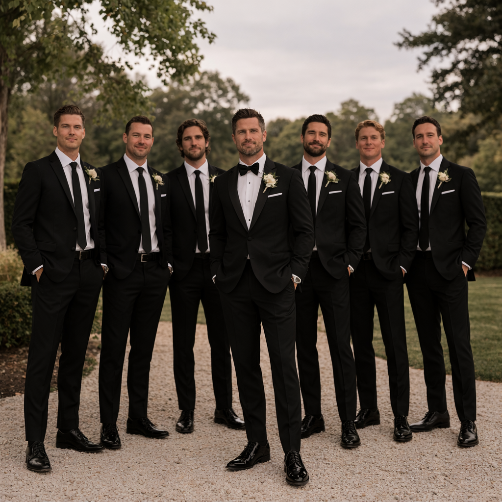 Groom and groomsmen wearing coordinated navy suits at wedding custom suits Jacksonville Florida wedding tuxedos groom style formalwear