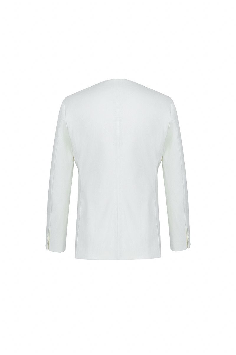 Styled look of the Salvatore Ivory Peak Lapel Blazer in premium stretch cotton, a made-to-order men's ivory blazer for weddings, ceremonies, and summer events, shipped nationwide by Zane.