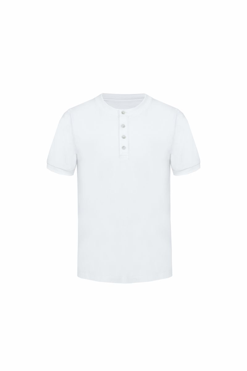 White cotton henley with band collar flat lay, made to order by Zane