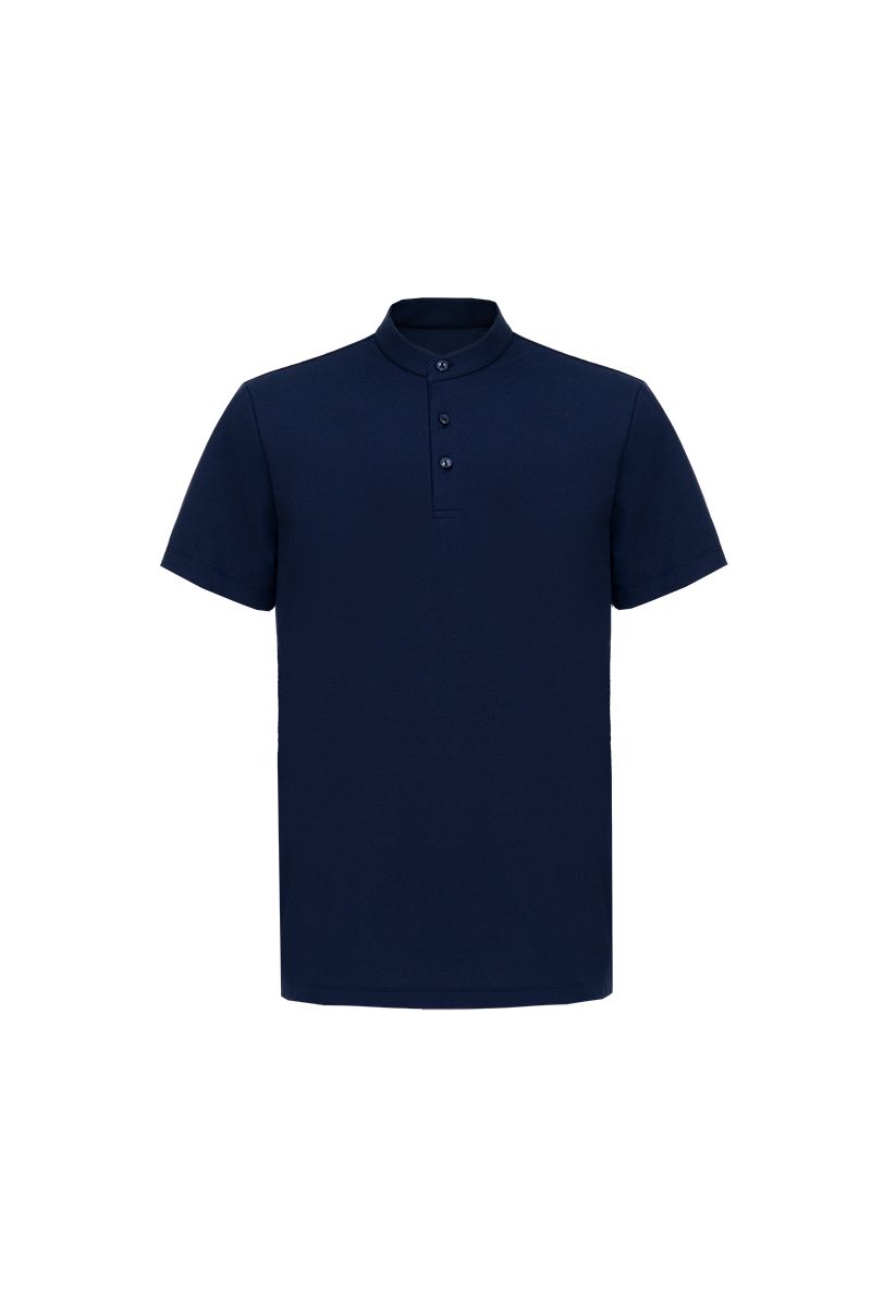 Navy cotton band collar short sleeve polo flat lay, made to order by Zane