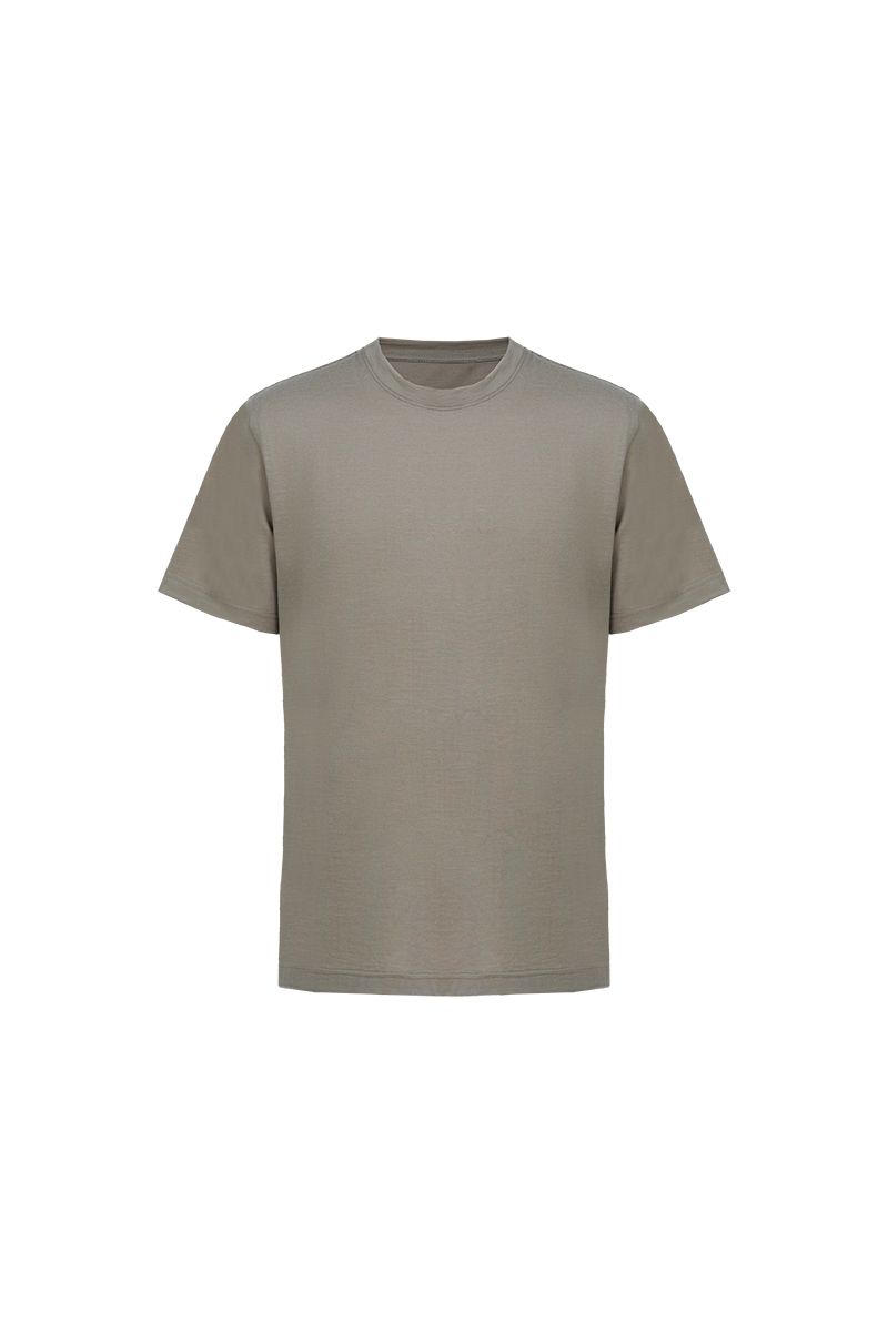 Taupe wool crew neck tee flat lay, made to order by Zane