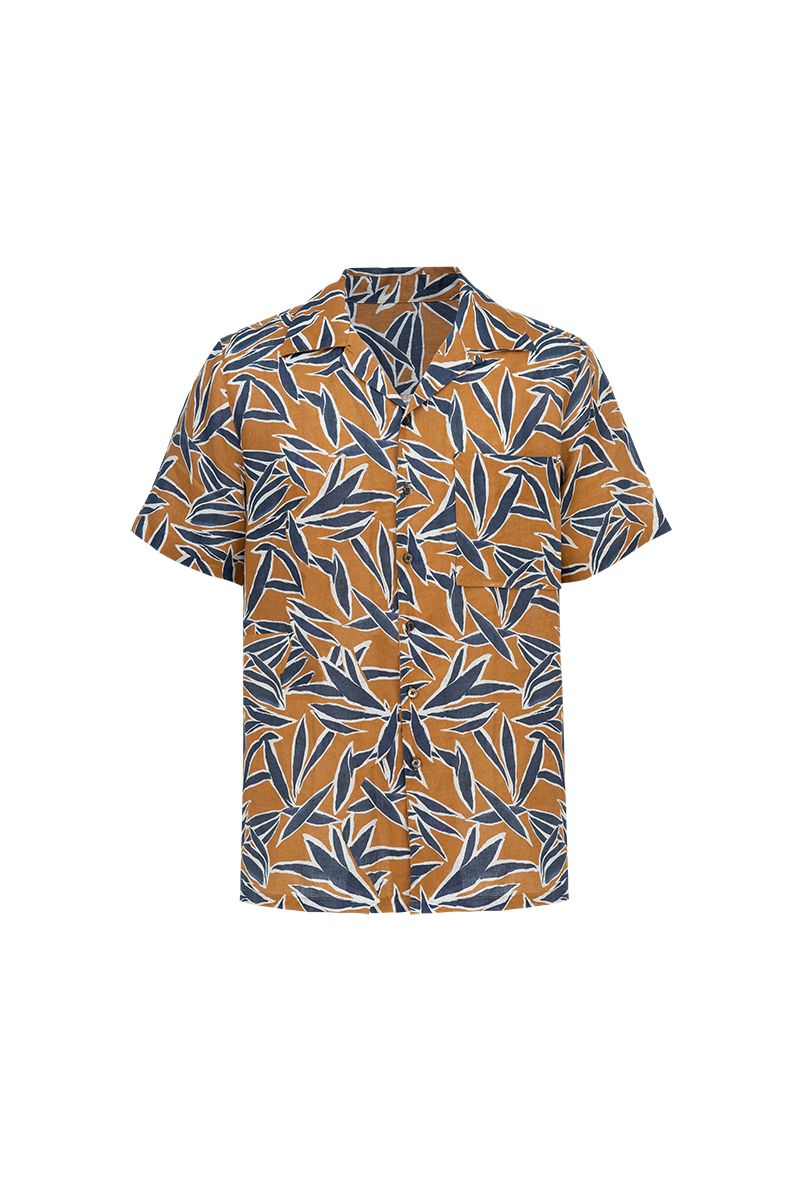Amber botanical print linen shirt front view, made to order men's short sleeve summer shirt by Zane