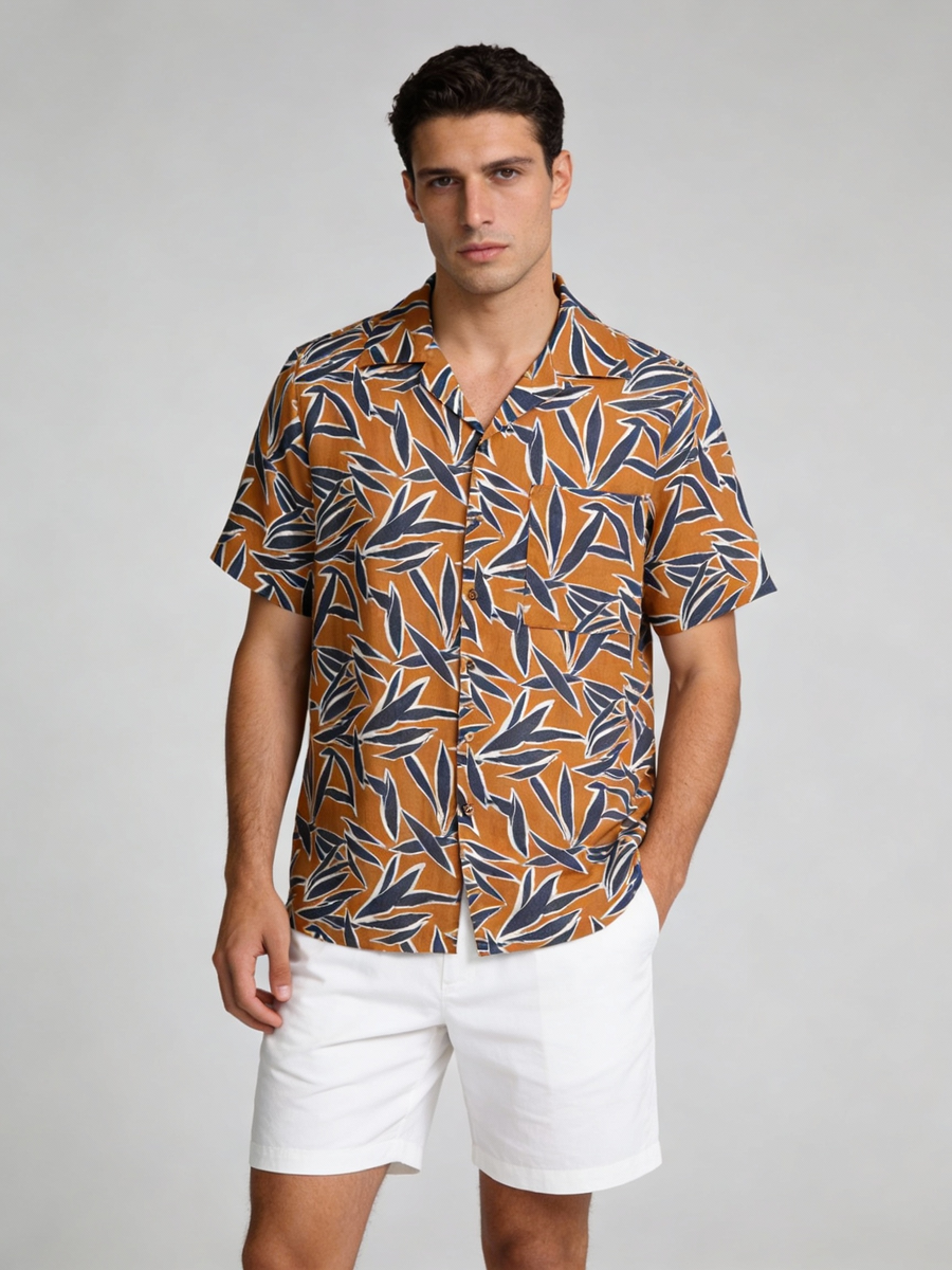 Tahiti amber botanical print linen shirt, made to order men's short sleeve summer shirt shipped nationwide by Zane