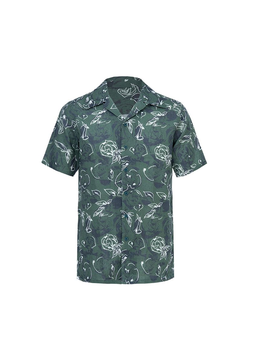 Green botanical print linen shirt front view, made to order men's short sleeve summer shirt by Zane