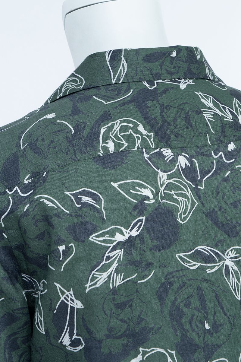 Green botanical print linen shirt collar detail, made to order men's shirt by Zane