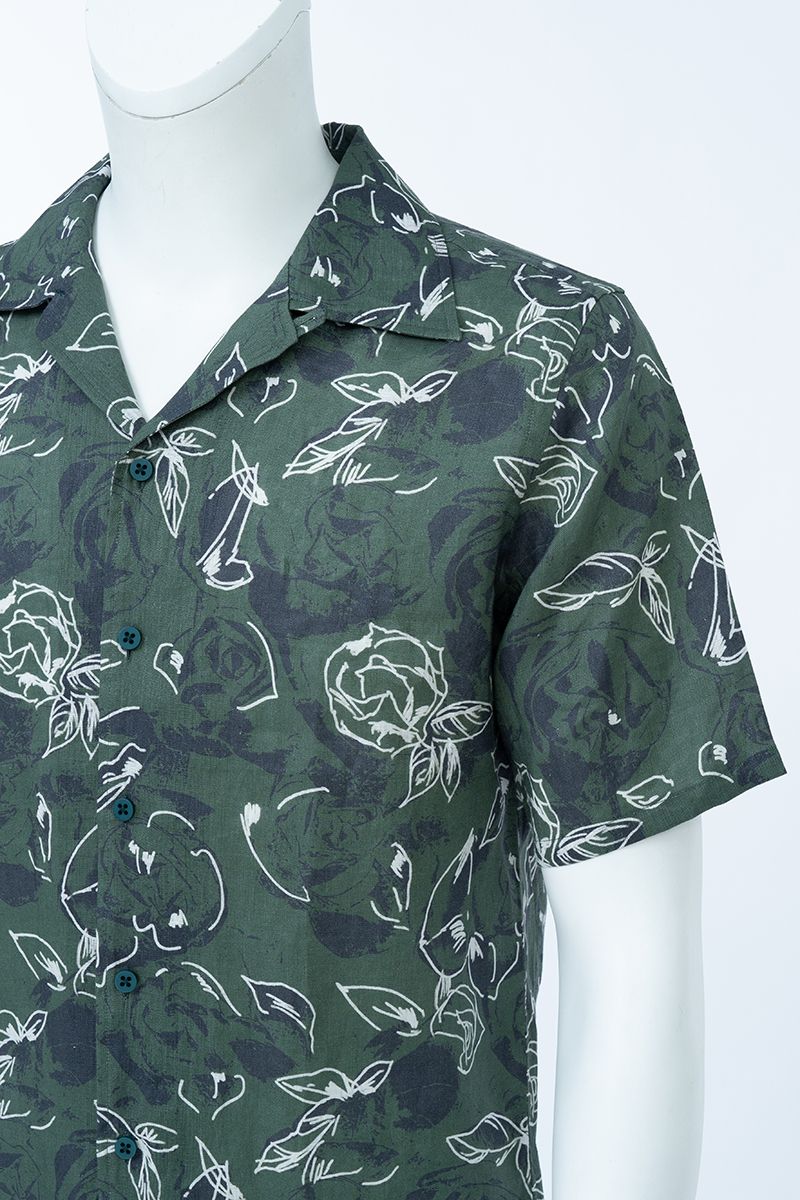 Green botanical print European linen shirt fabric texture, made to order men's shirt by Zane