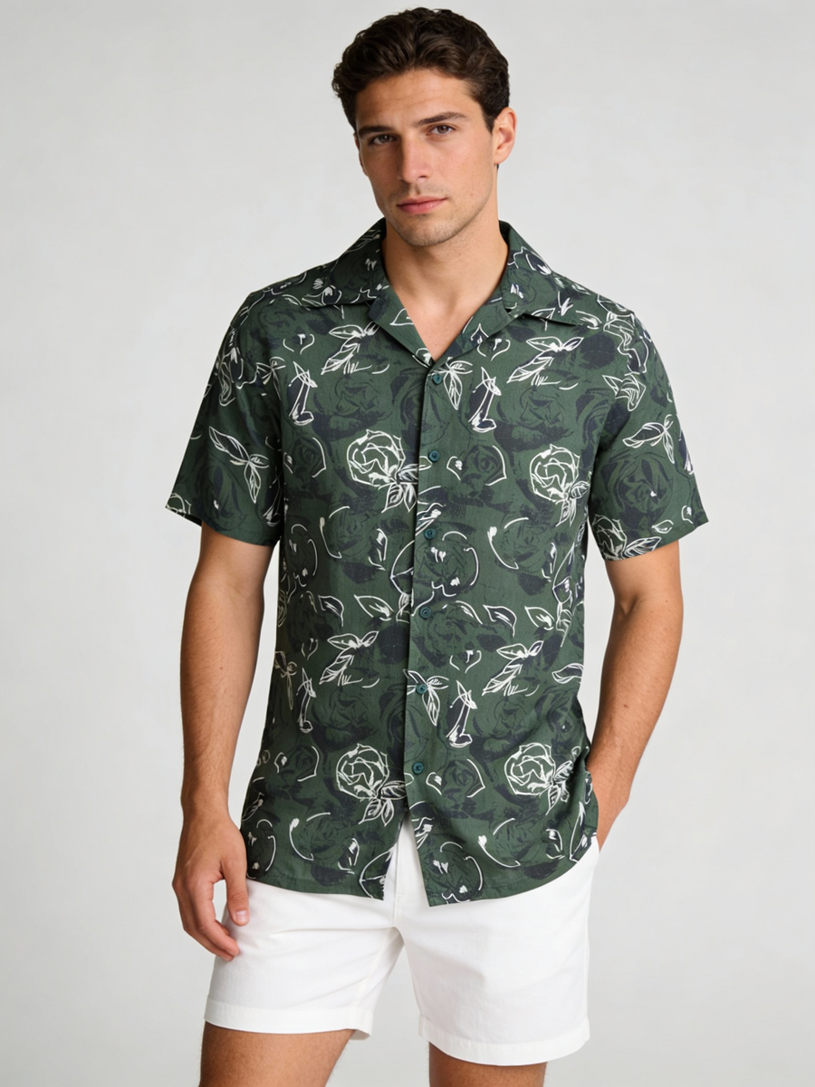 Riviera green botanical print linen shirt, made to order men's short sleeve summer shirt shipped nationwide by Zane