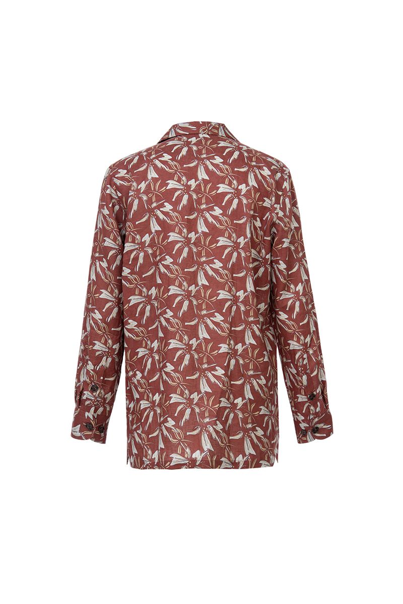 Burgundy botanical print linen shirt detail, made to order men's tailored shirt by Zane