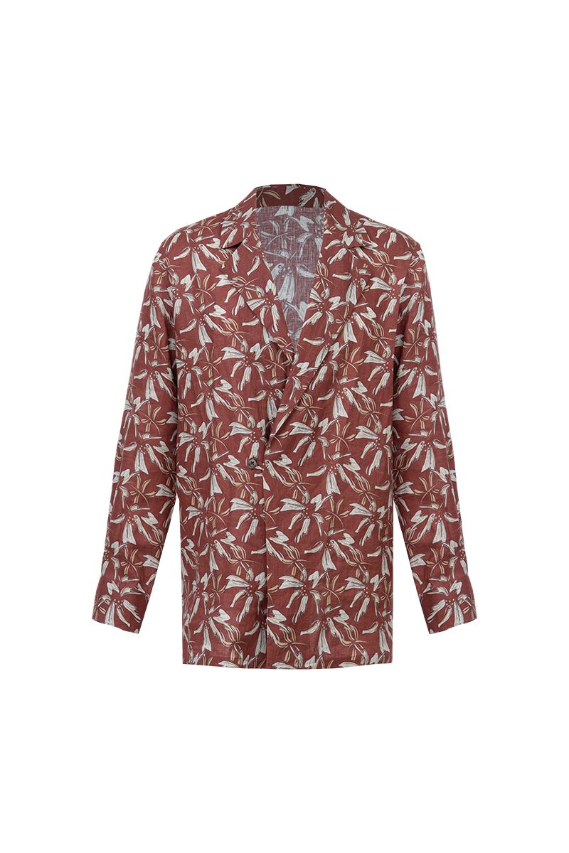 Burgundy botanical print linen shirt front view, made to order men's long sleeve summer shirt by Zane
