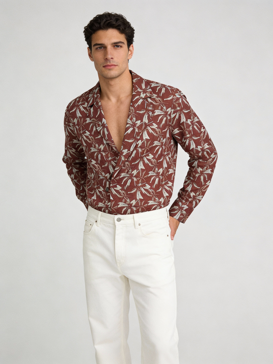Marseille burgundy botanical print linen shirt, made to order men's long sleeve summer shirt shipped nationwide by Zane