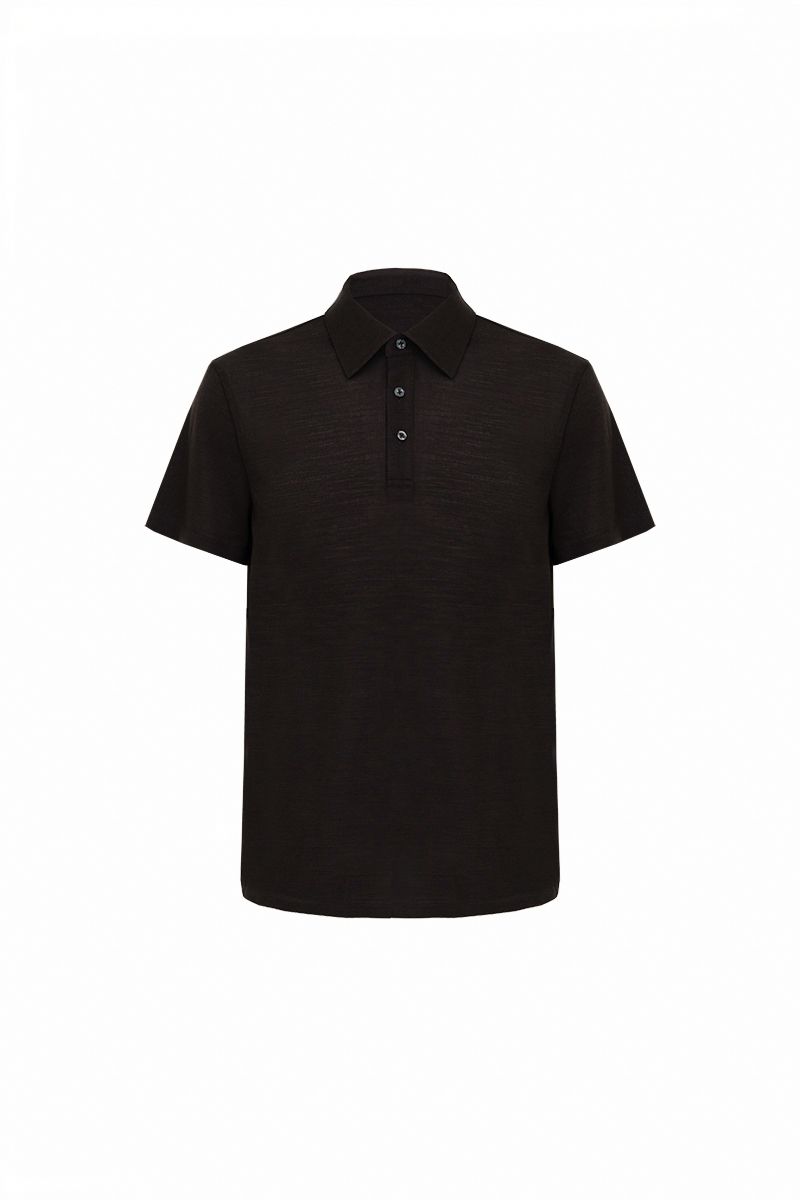 Espresso brown wool blend short sleeve polo flat lay, made to order by Zane