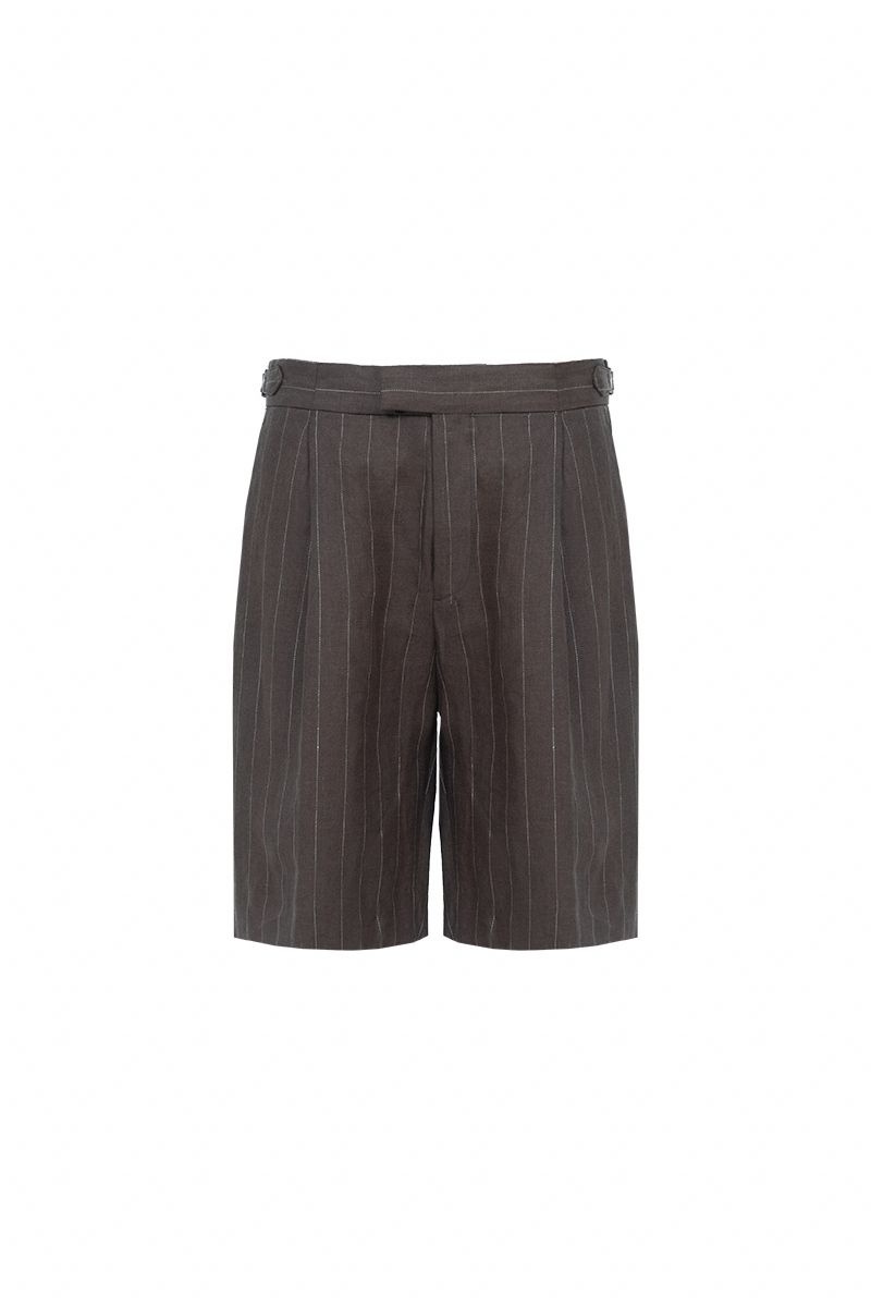 Brown stripe linen shorts front view, made to order men's summer shorts by Zane