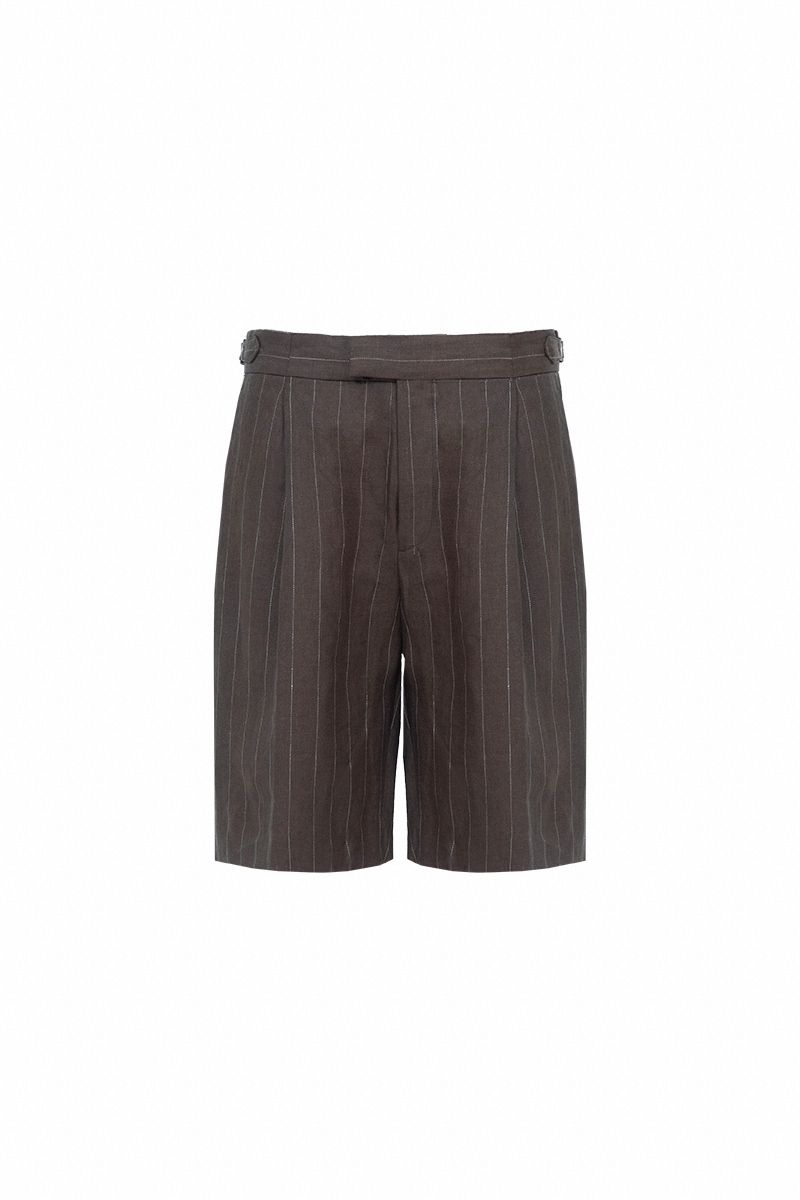 Brown stripe linen tailored shorts, made to order men's shorts by Zane