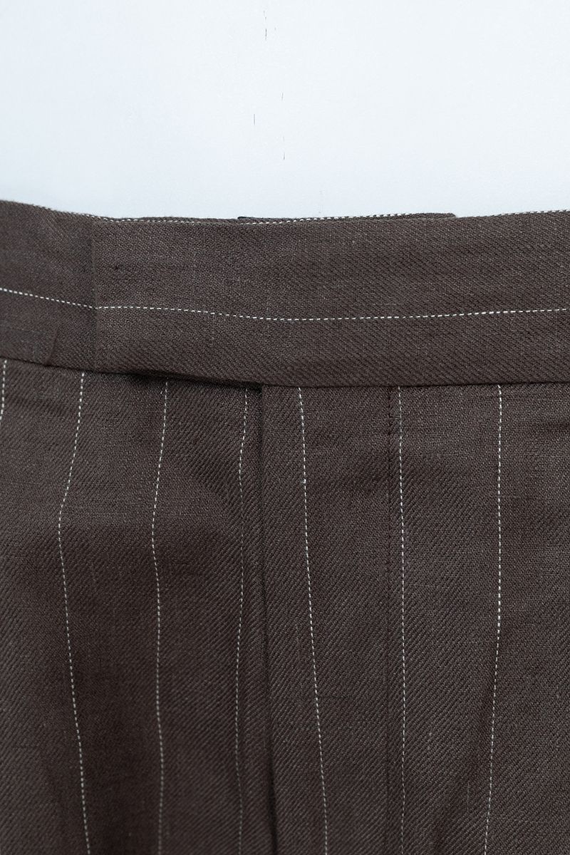 Brown stripe linen shorts pocket detail, made to order men's tailored shorts by Zane