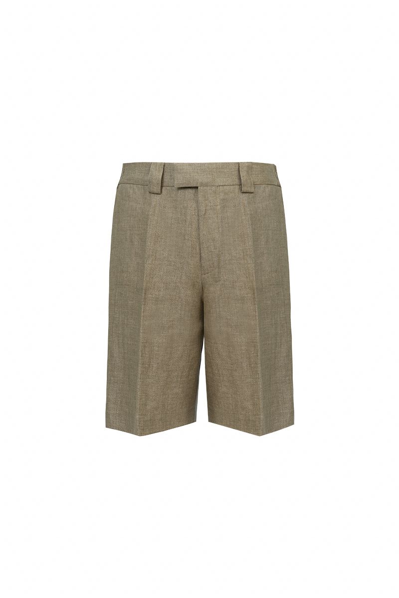 Brown linen tailored shorts front view, made to order men's summer shorts by Zane