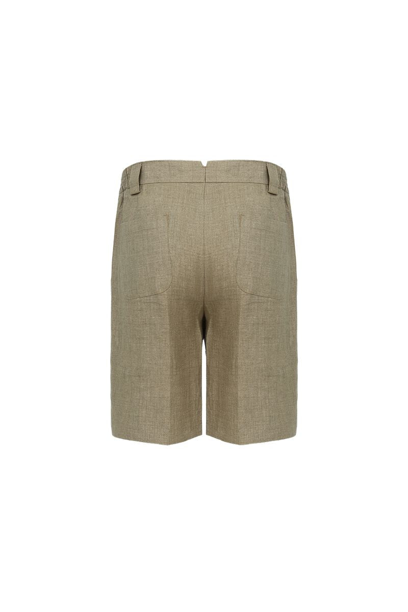 Brown linen shorts pocket detail, made to order men's tailored shorts by Zane