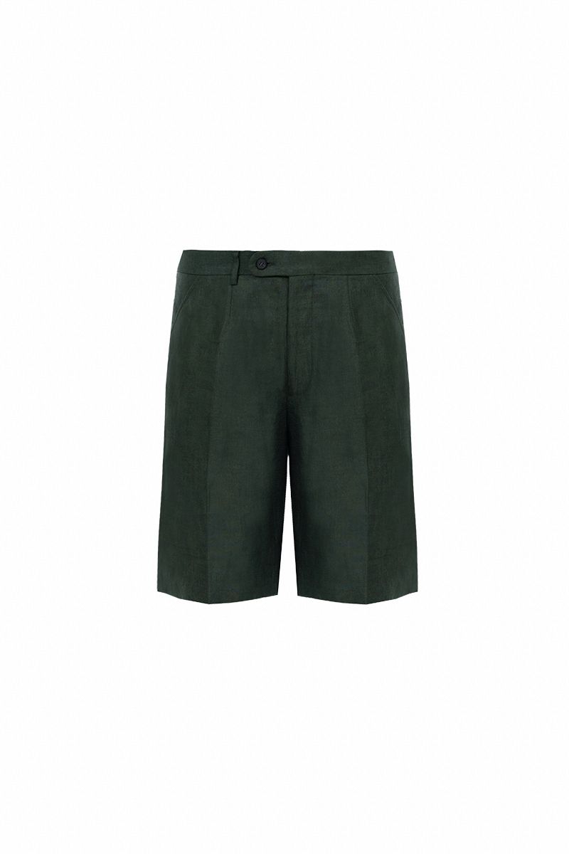 Green linen tailored shorts front view, made to order men's summer shorts by Zane
