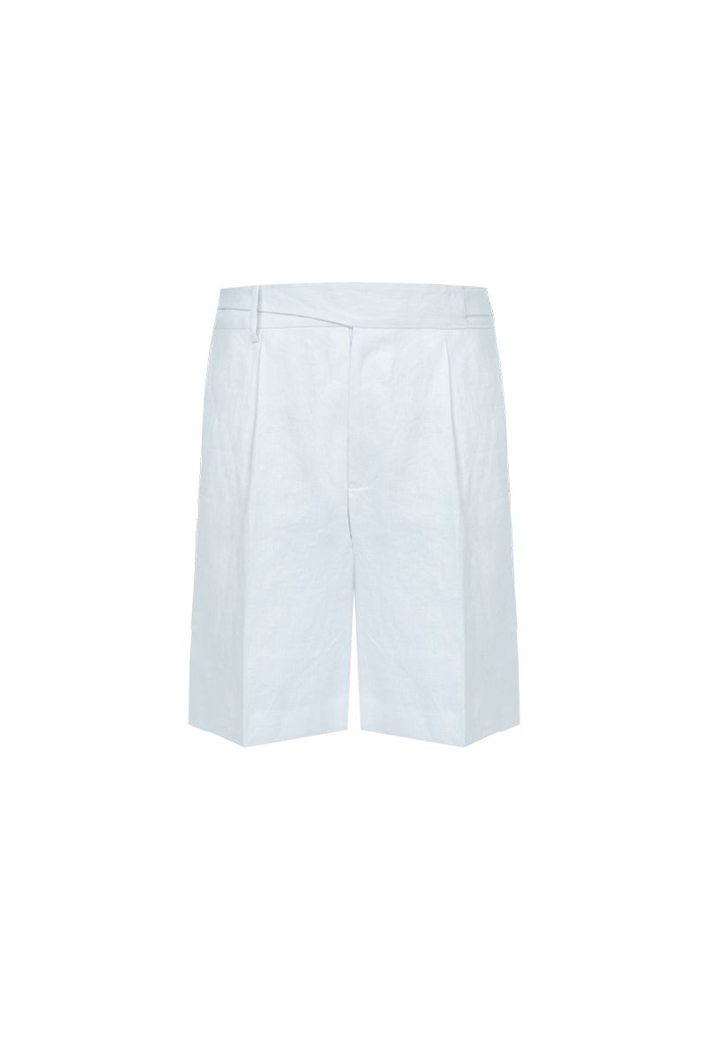 White linen tailored shorts front view, made to order men's summer shorts by Zane