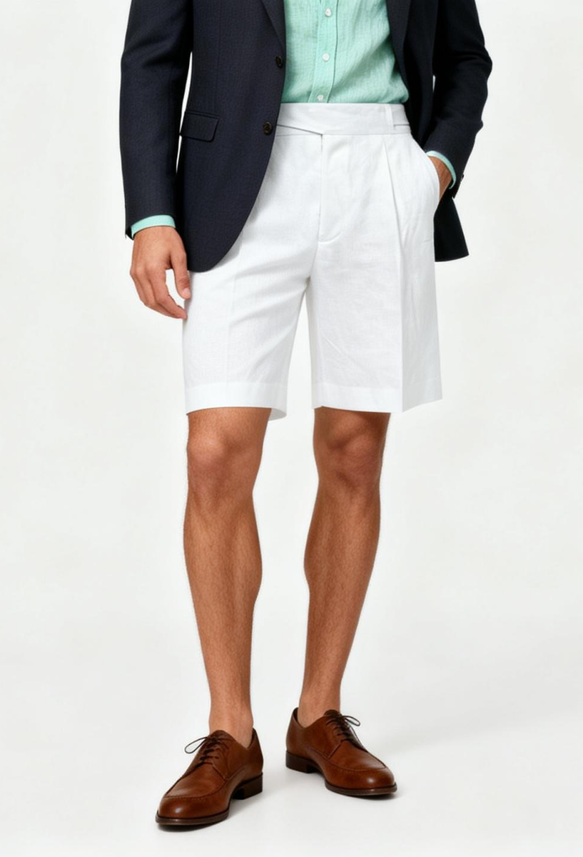 Mykonos white linen tailored shorts, made to order men's summer shorts shipped nationwide by Zane
