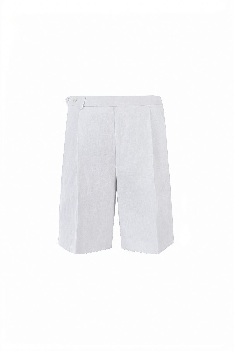 White linen pleated shorts front view, made to order men's summer shorts by Zane