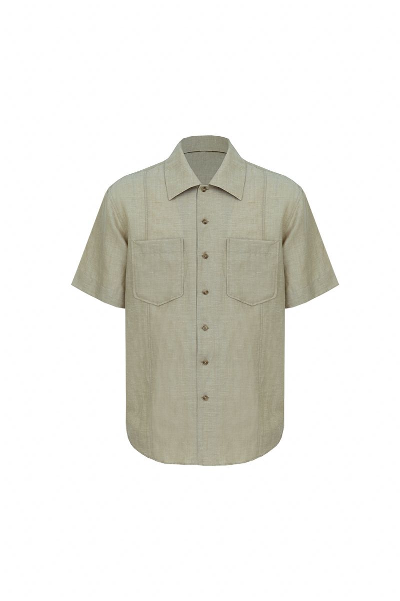 Sand wool linen camp shirt front view, made to order men's short sleeve shirt by Zane