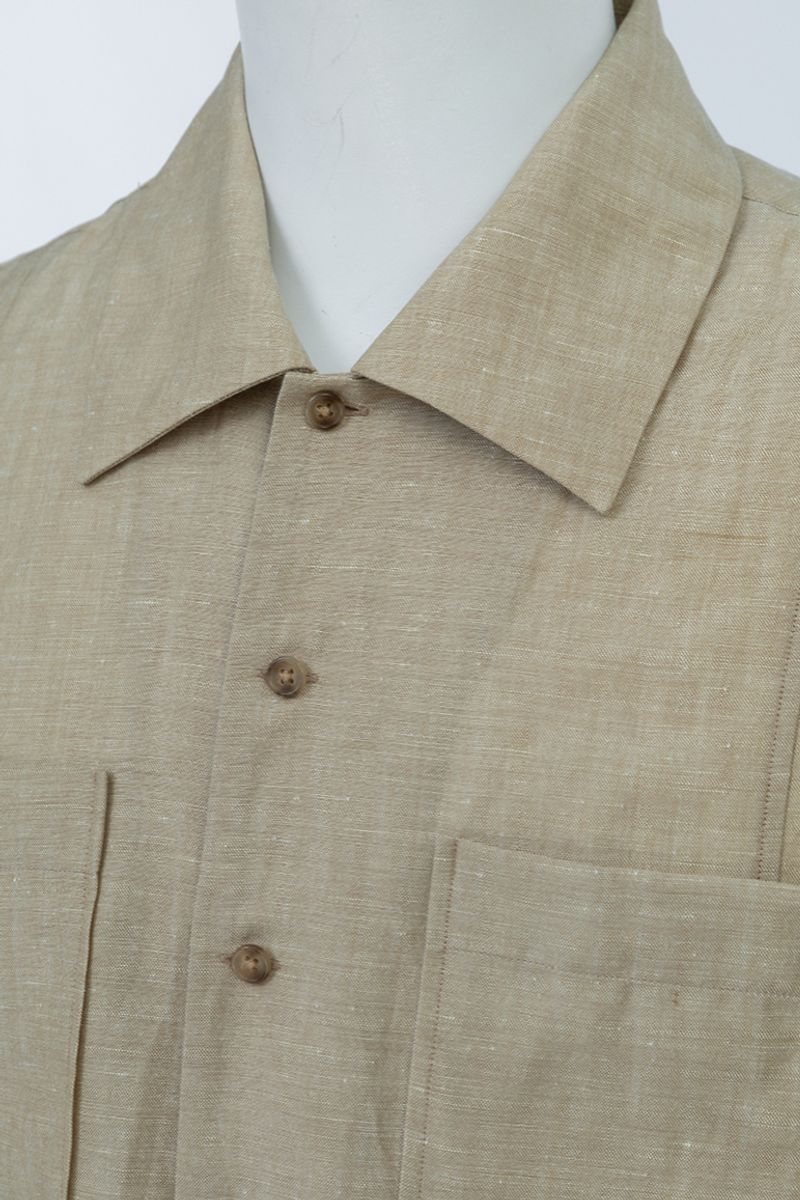 Sand wool linen camp shirt collar detail, made to order men's shirt by Zane