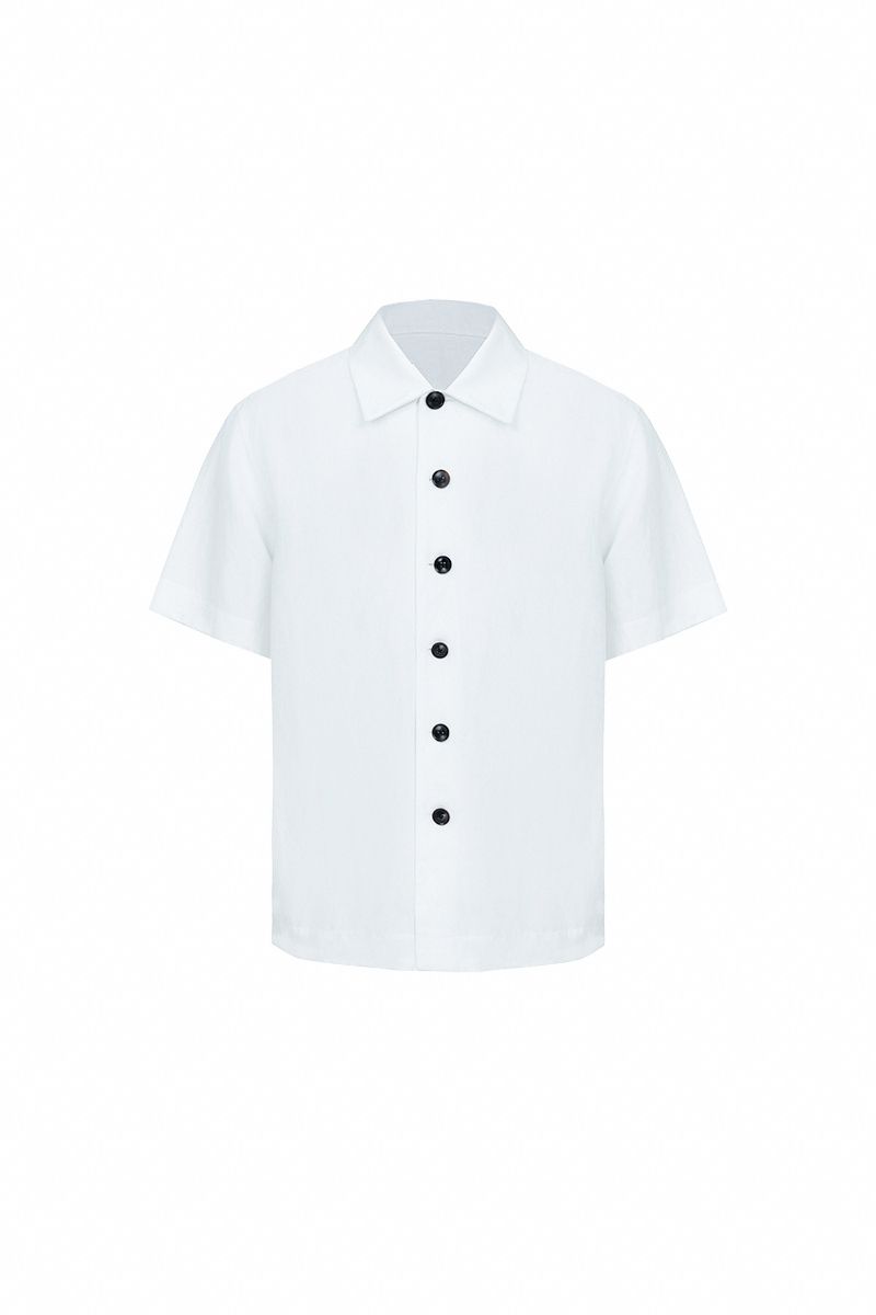 White camp collar shirt with contrast buttons, made to order men's linen blend summer shirt by Zane