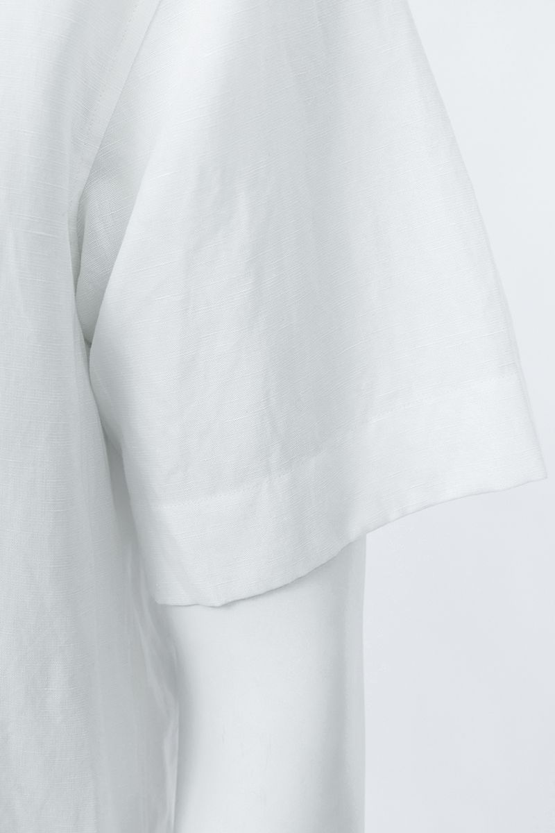 White camp collar shirt fabric texture, breathable linen and viscose made to order men's shirt by Zane