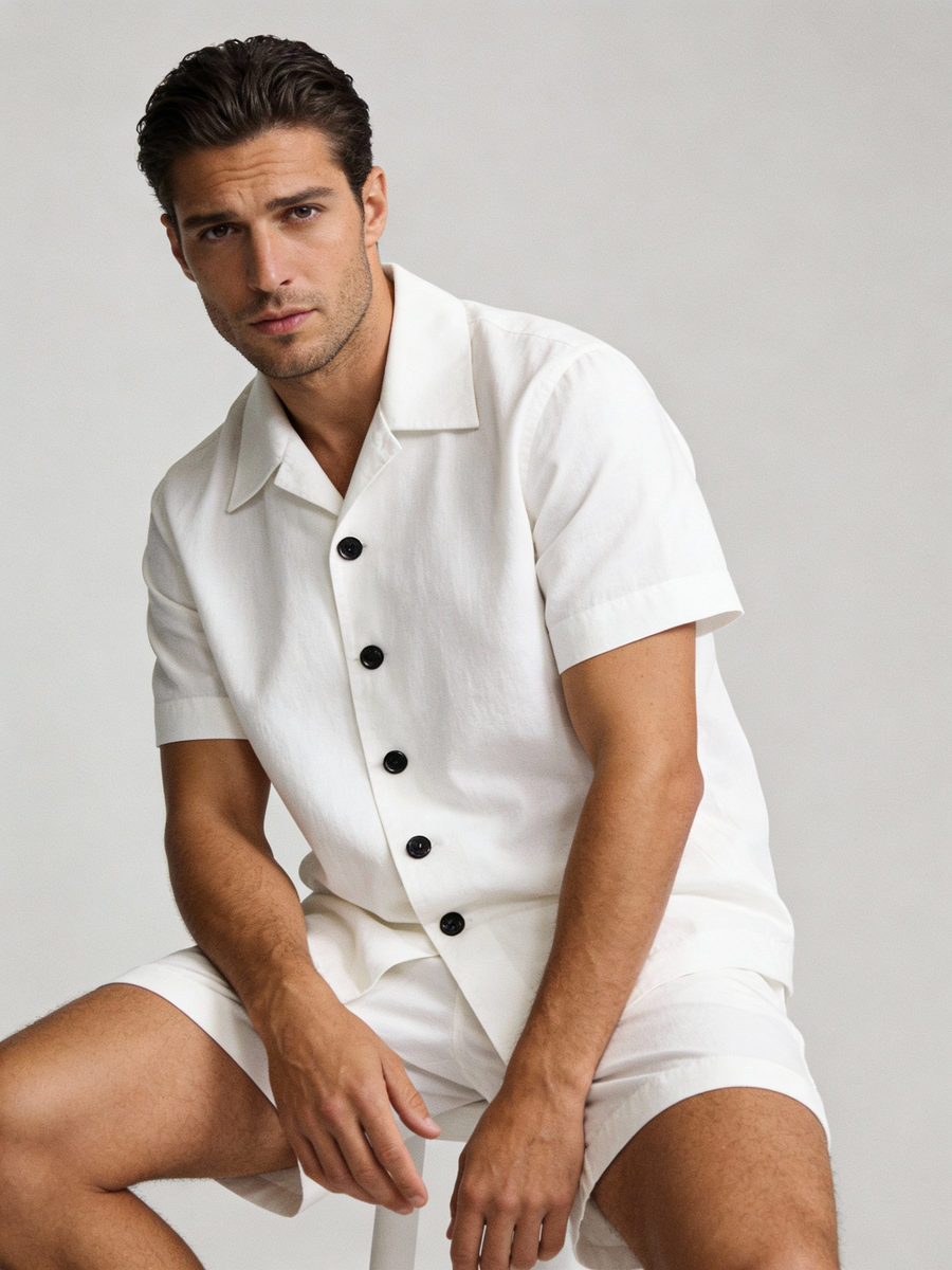 Amalfi white camp collar shirt, made to order men's short sleeve summer shirt shipped nationwide by Zane