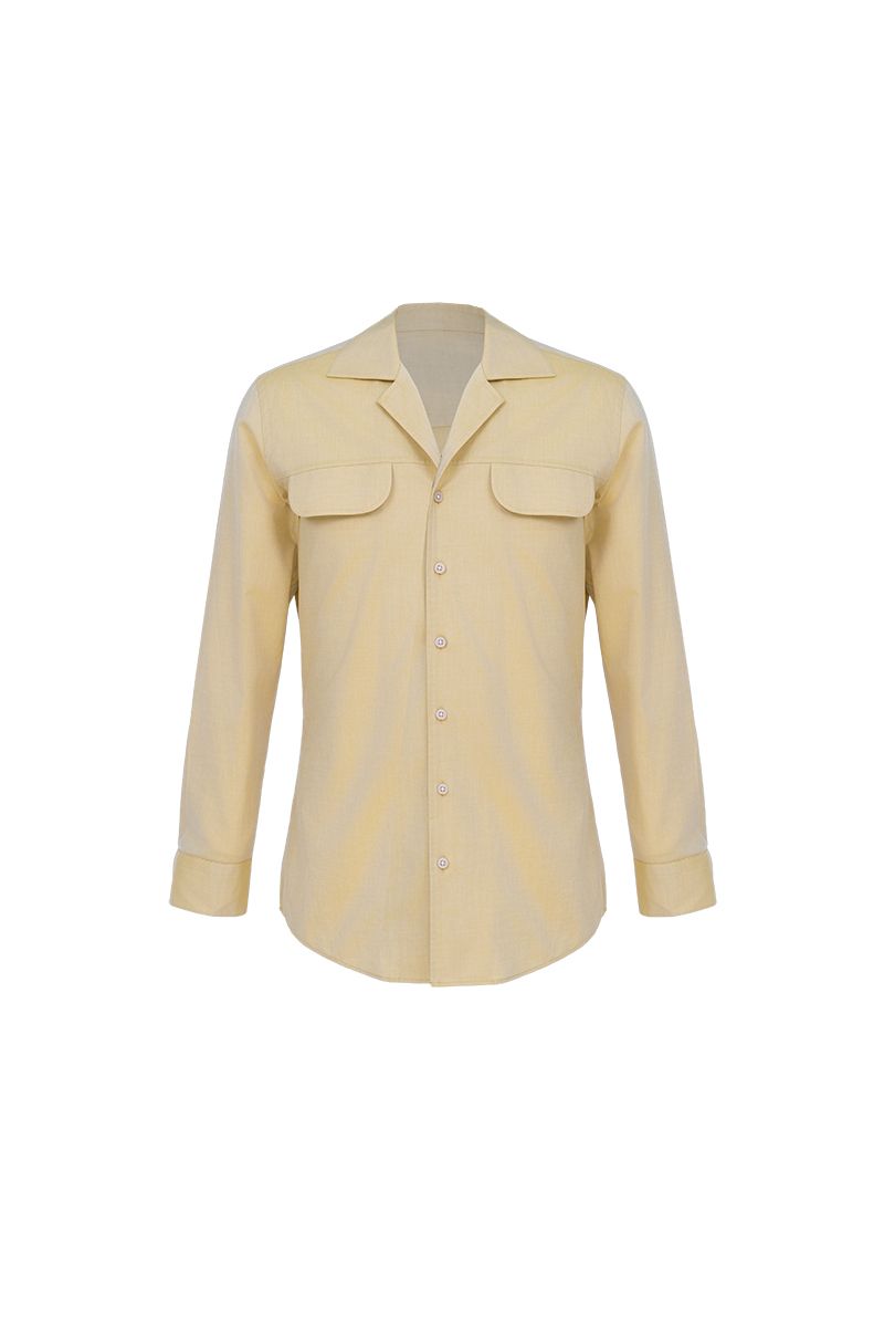 Pale yellow camp collar shirt front view, made to order men's long sleeve shirt by Zane