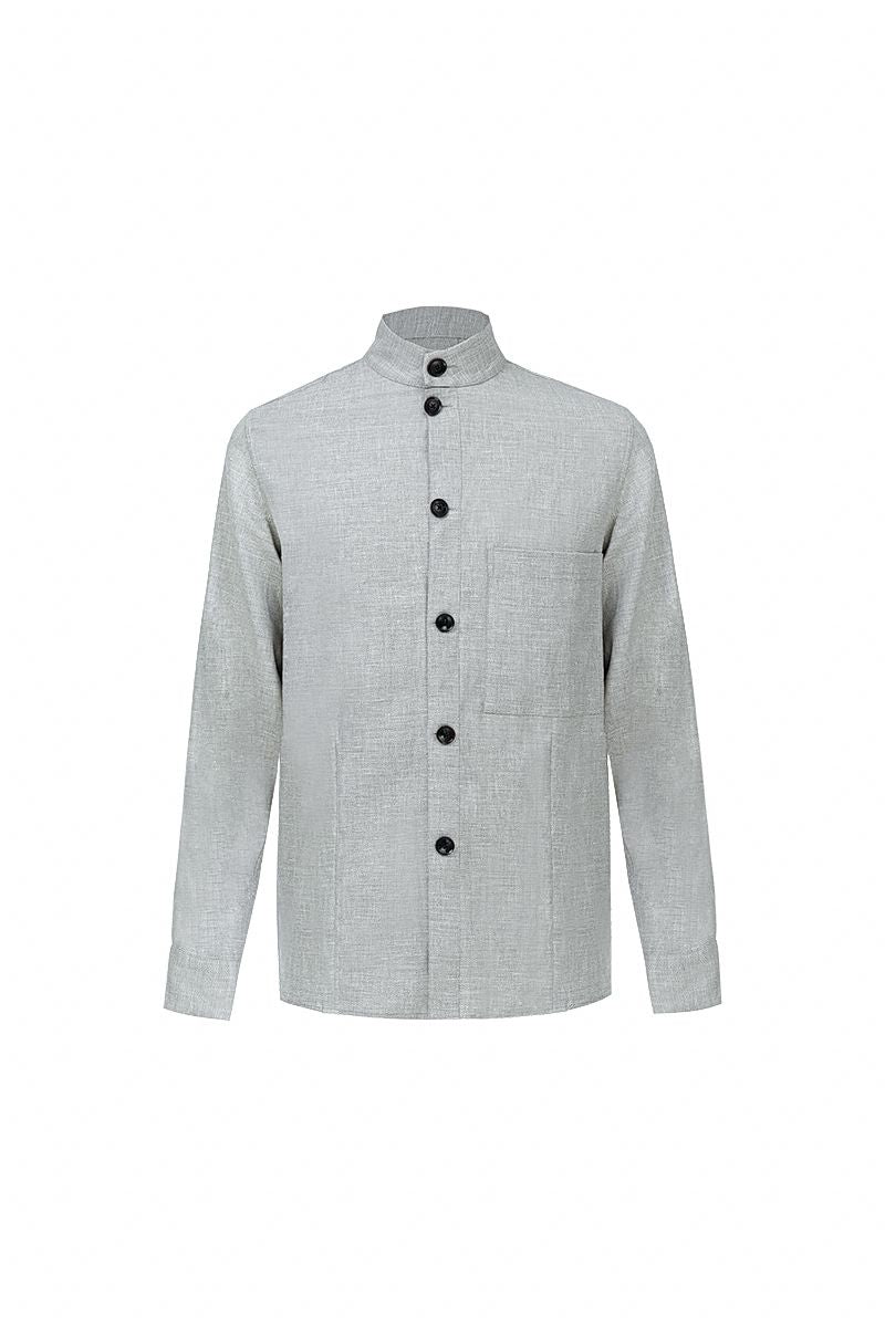 Stone grey mandarin collar shirt front view, made to order men's long sleeve shirt by Zane