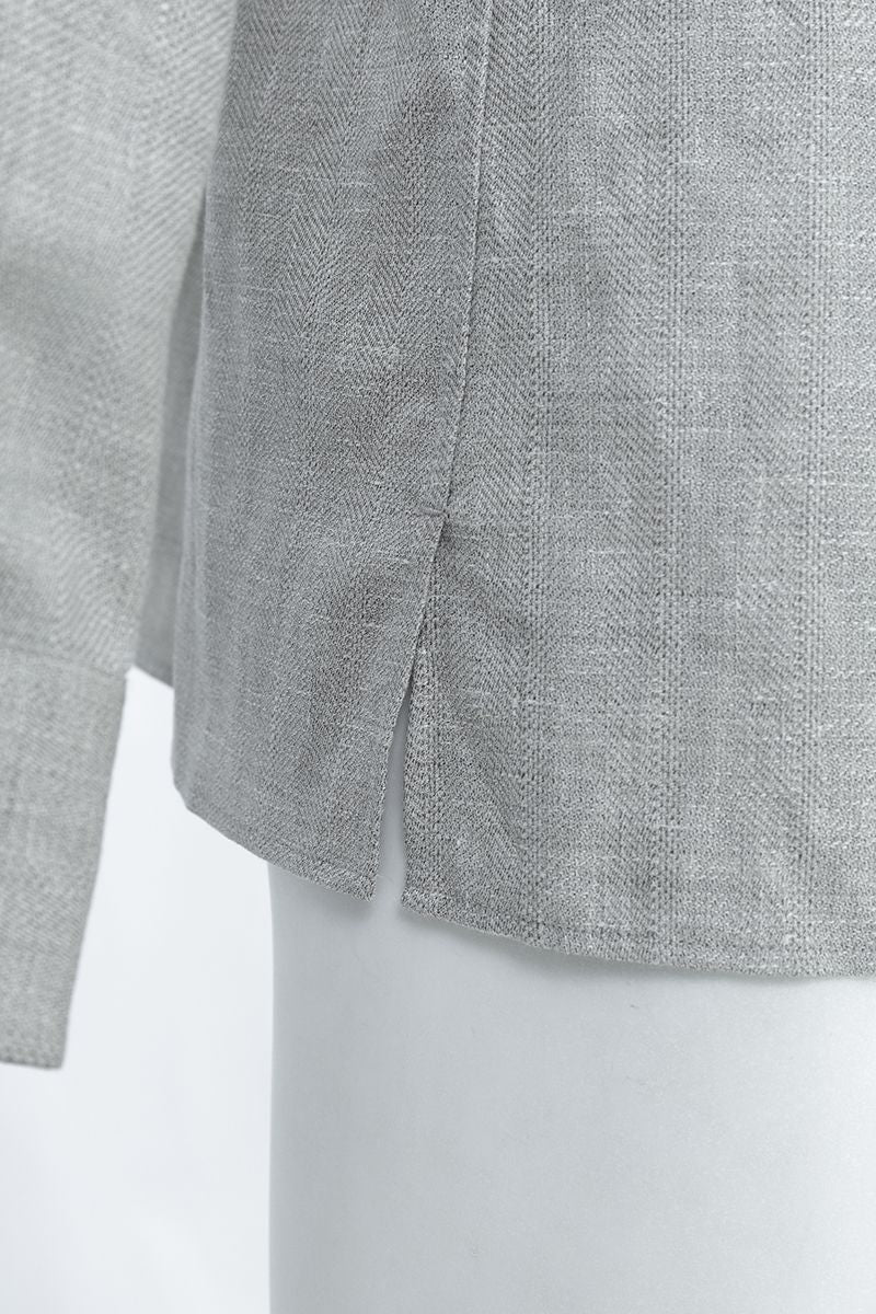 Stone grey mandarin collar shirt back view, made to order men's long sleeve shirt shipped nationwide by Zane
