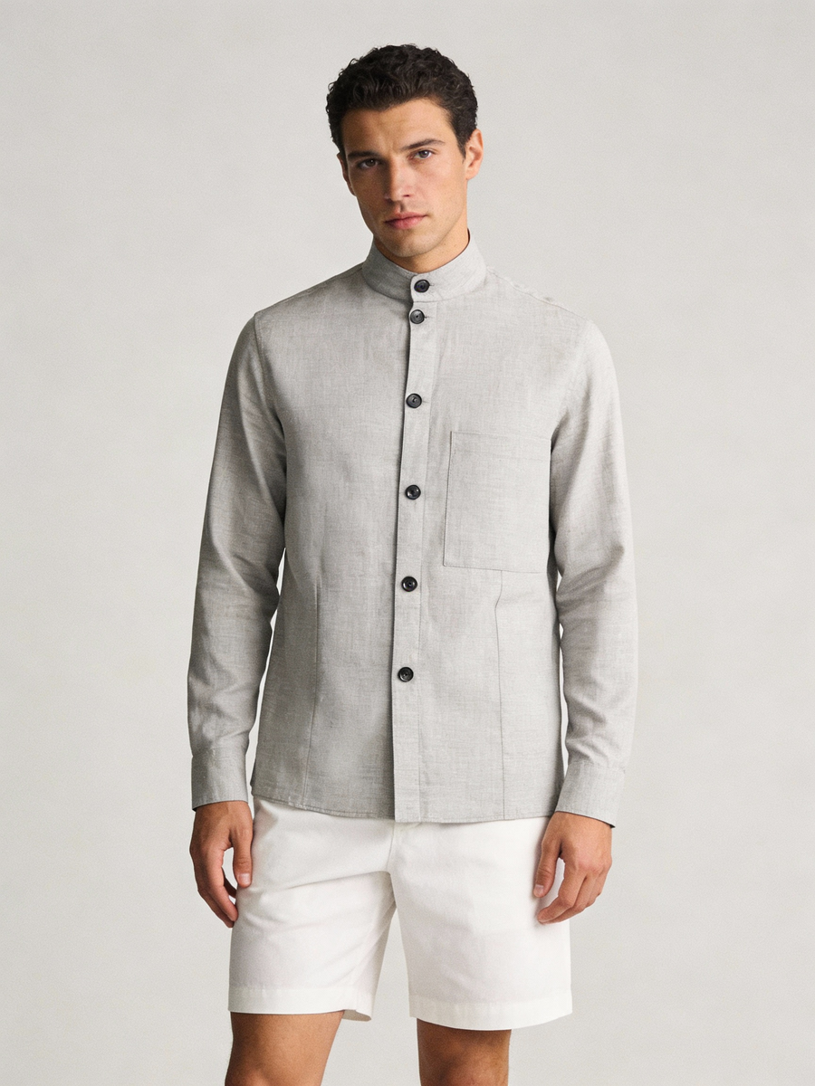 Milano stone grey mandarin collar shirt, made to order men's long sleeve wool linen silk shirt shipped nationwide by Zane