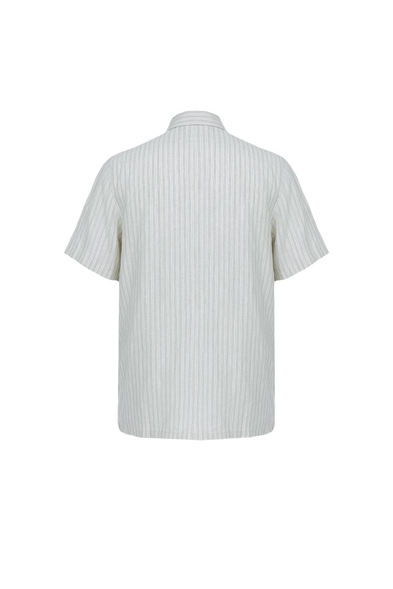 Grey pinstripe linen shirt with chest pockets, made to order men's tailored shirt by Zane