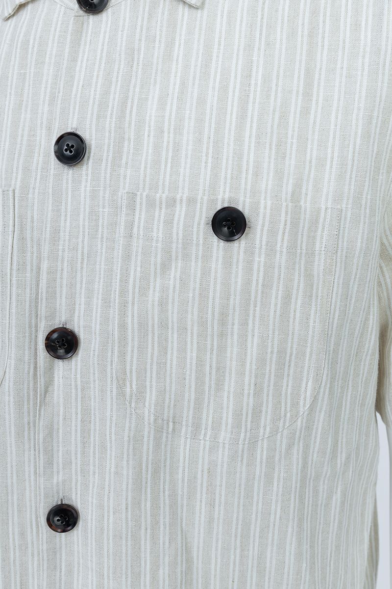 Grey pinstripe linen shirt collar and button detail, made to order men's shirt by Zane
