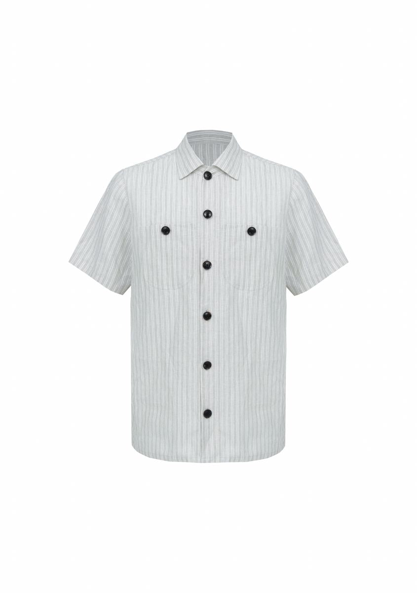Grey pinstripe linen shirt front view, made to order men's short sleeve summer shirt by Zane