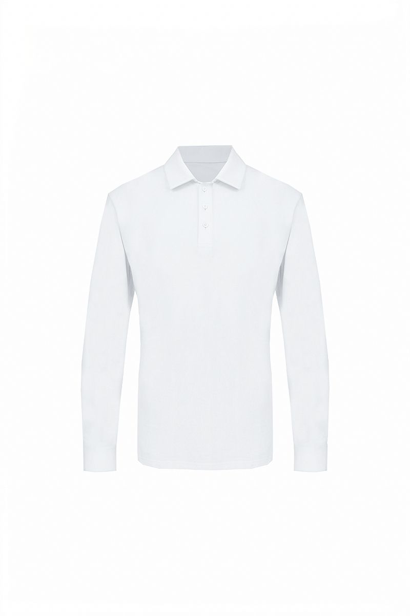 White cotton long sleeve polo flat lay, made to order by Zane