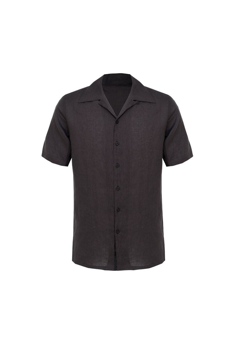 Espresso brown linen shirt front view, made to order men's short sleeve summer shirt by Zane