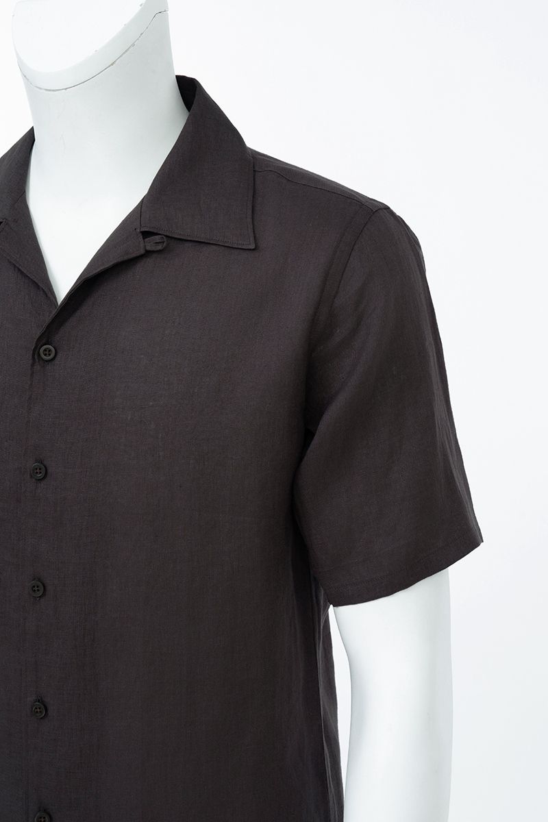 Espresso brown linen shirt collar detail, made to order men's shirt by Zane