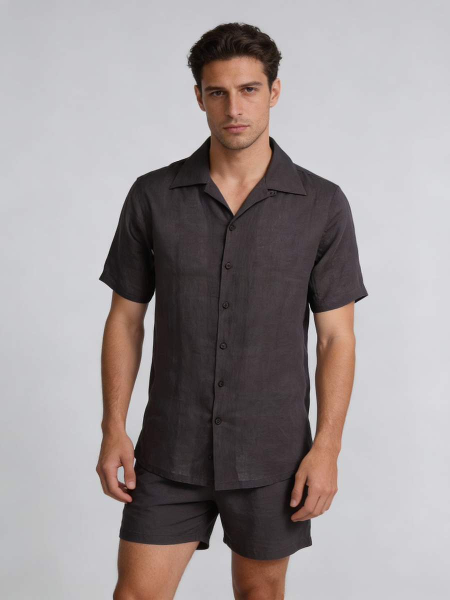 Ravello espresso brown linen shirt, made to order men's short sleeve summer shirt shipped nationwide by Zane