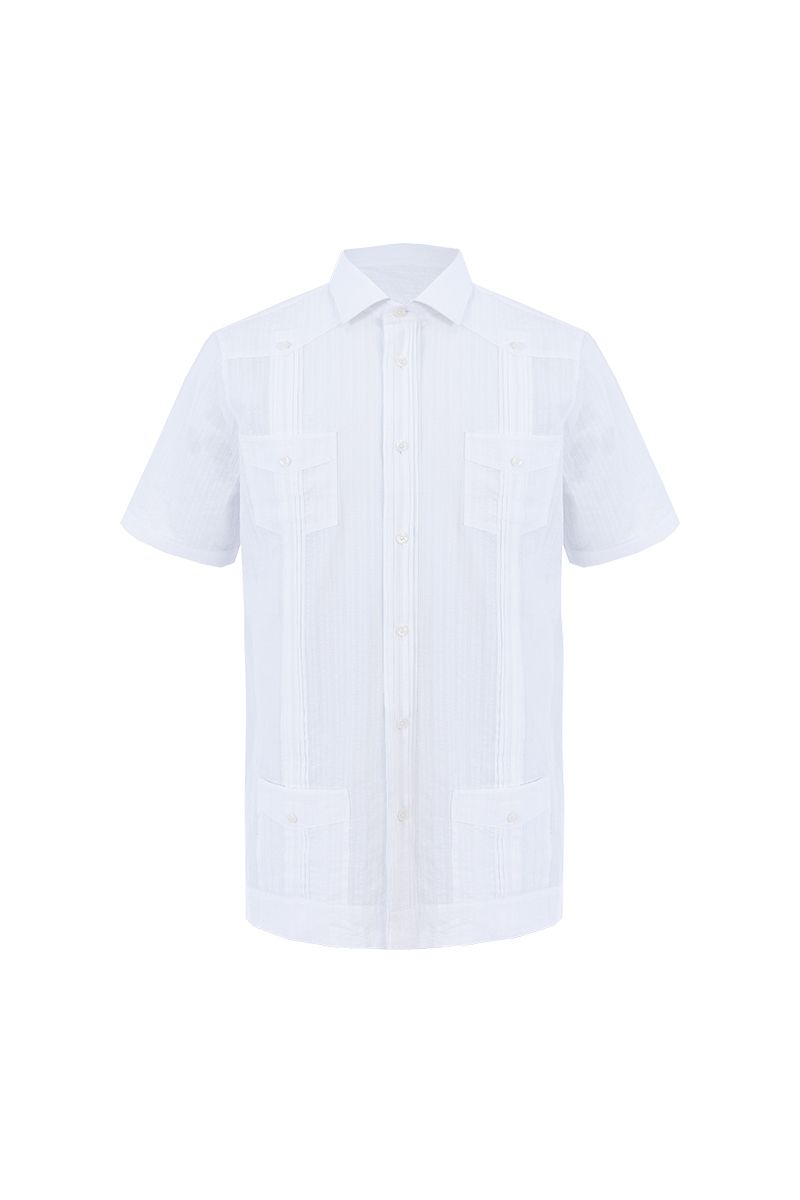 White cotton guayabera shirt front detail, made to order men's summer shirt by Zane