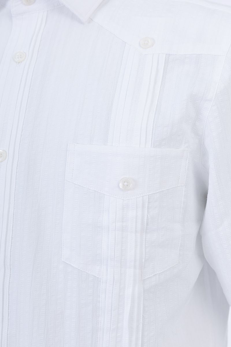 White cotton guayabera shirt collar detail, made to order men's shirt by Zane