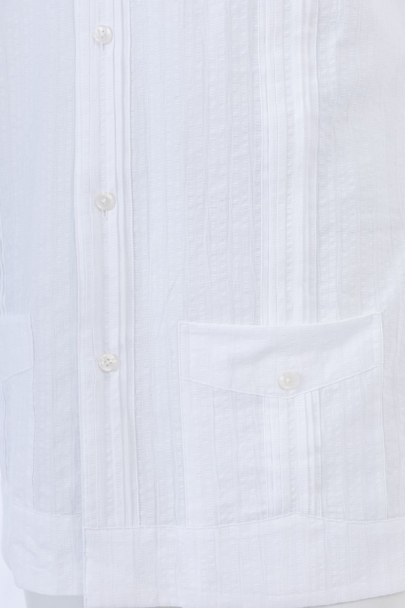White cotton guayabera shirt patch pocket detail, made to order men's shirt by Zane