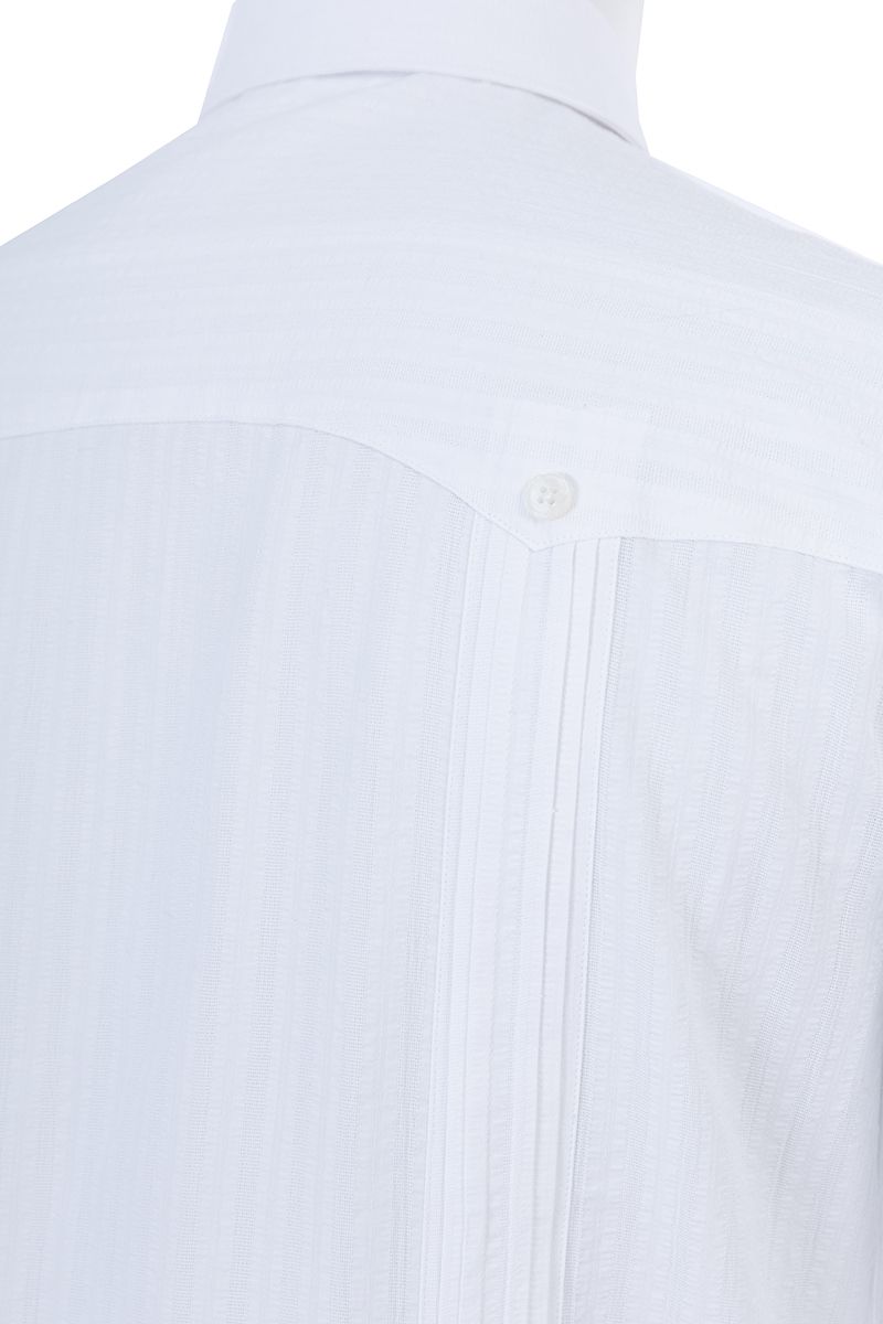 White cotton guayabera shirt back view, made to order men's summer shirt shipped nationwide by Zane