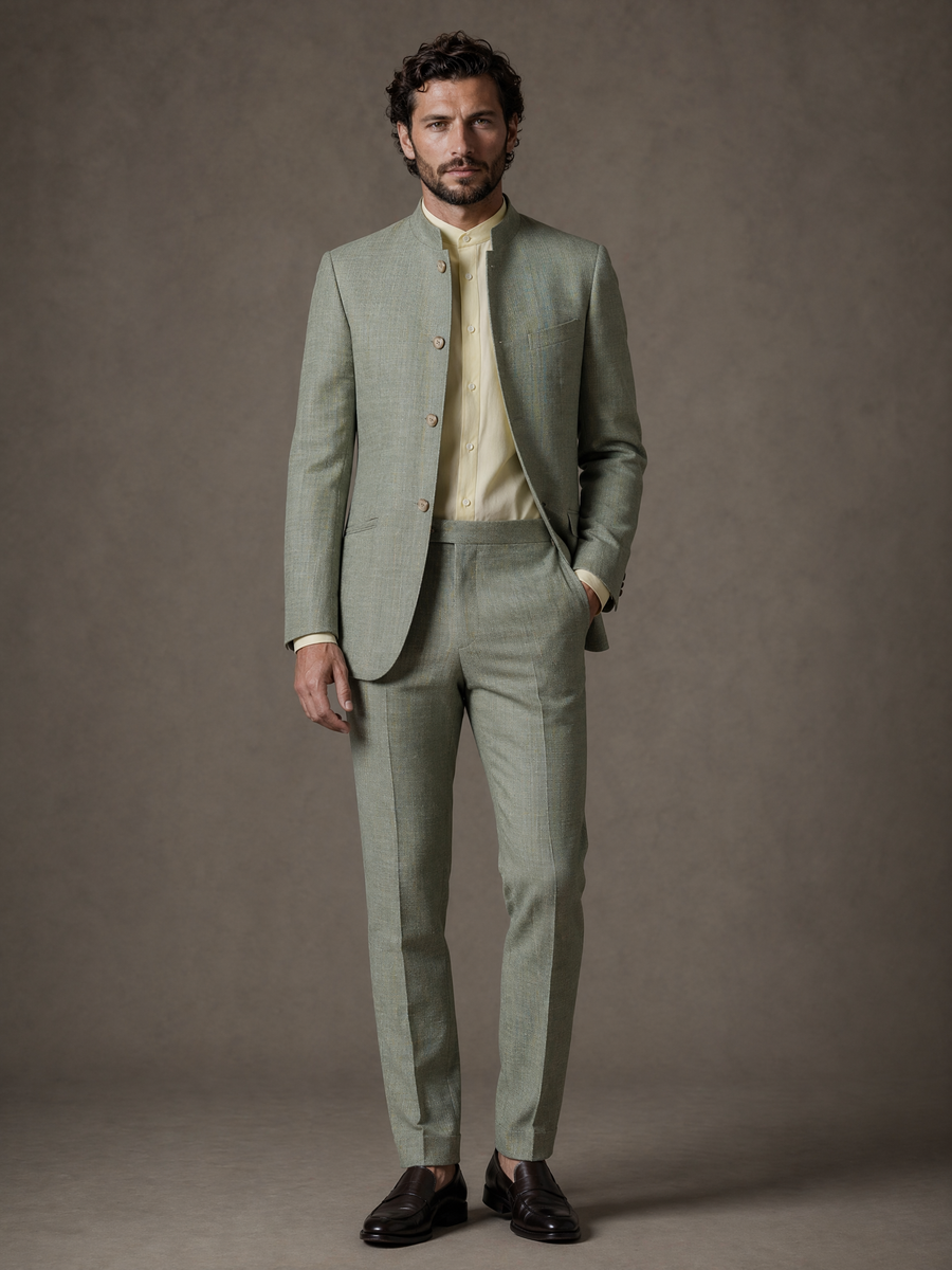Full-length studio photograph of the Marco Sage Green Mandarin Collar Jacket, a made-to-order men's jacket in premium Super 130s Italian REDA wool, sage green with a subtle plaid weave and a standing Mandarin collar, tailored to your measurements for weddings and special events and shipped nationwide by Zane.