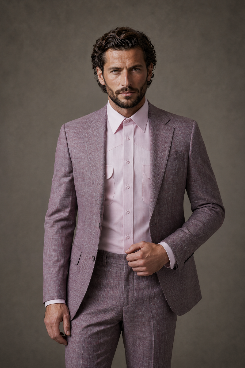 Full-length studio photograph of the Enzo Dusty Pink Sport Coat, a made-to-order men's sport coat in premium Super 130s Italian REDA wool, dusty pink with a subtle plaid and notch lapel, tailored to your measurements for weddings and warm-weather events and shipped nationwide by Zane.