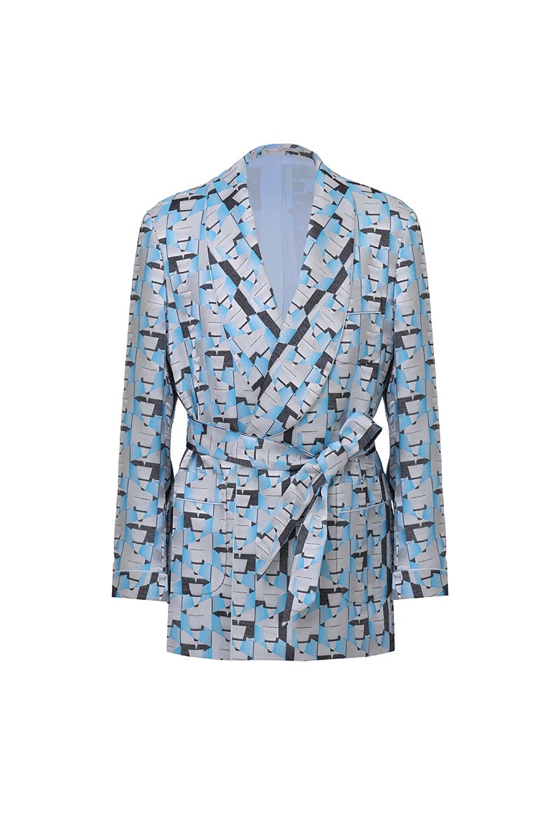 Front-facing view of the Vittorio Light Blue Geometric Belted Shawl Collar Jacket, a made-to-order men's shawl collar statement jacket with a self-tie belt, tailored to your measurements and shipped nationwide by Zane.