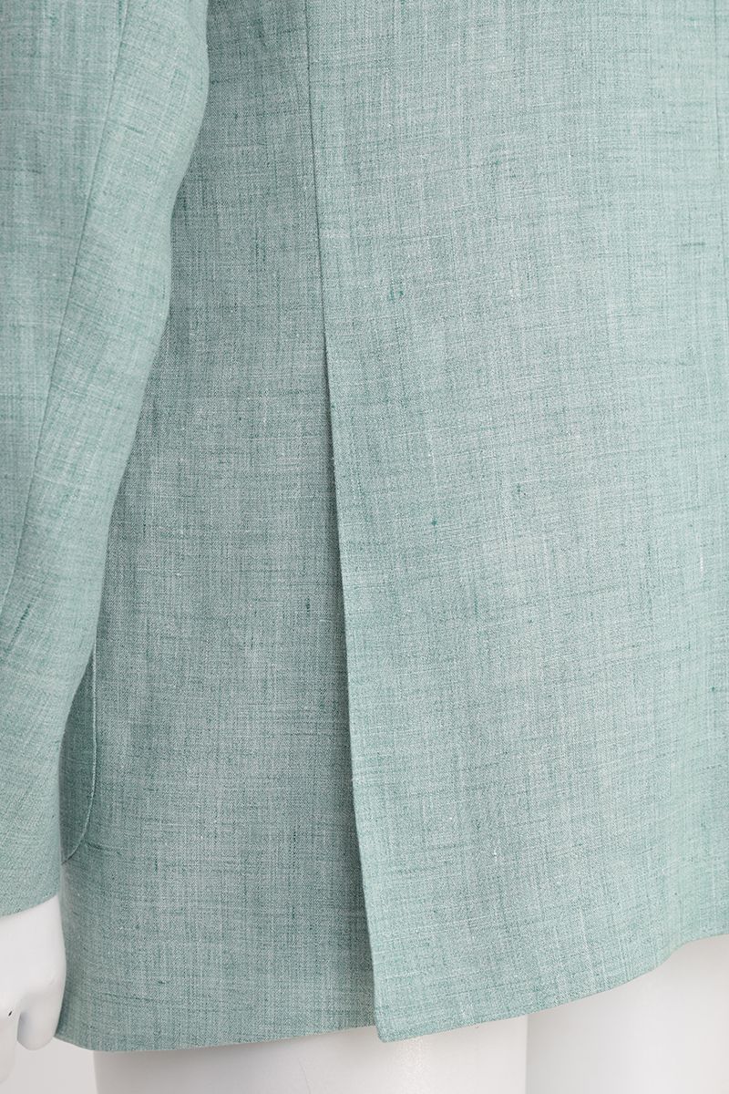 Cuff and button detail of the Nico Sage Green Double Breasted Linen Sport Coat, a made-to-order men's jacket in 100% Italian Guabello linen, tailored to your measurements and shipped nationwide by Zane.