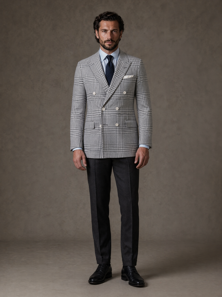 Full-length studio photograph of the Raffaele Grey Glen Plaid Double Breasted Sport Coat, a made-to-order men's double-breasted sport coat in an Italian cotton and wool blend by Marzotto, grey glen plaid (Prince of Wales check) with peak lapels, tailored to your measurements for business and weddings and shipped nationwide by Zane.